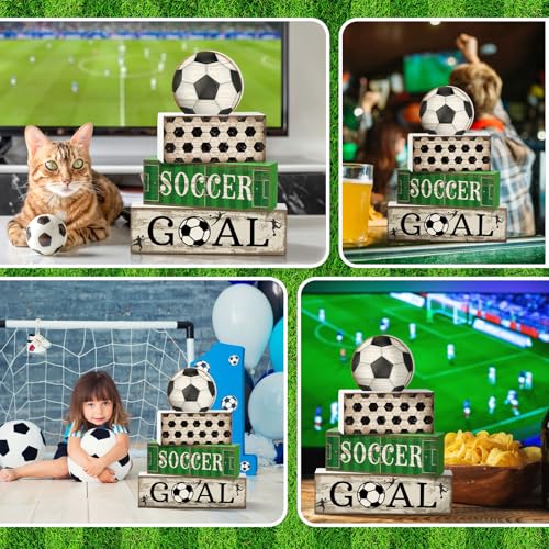 Image of Moucuny 4 Pcs Soccer Party Decorations Soccer Table Centerpiece Football Tiered Tray Decor Wooden Ball Block Signs Gift Sports Themed Table Decorations for Boys Baby Shower Party Supplies Decor