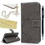 Galaxy S7 Edge Wallet Case - Mavis's Diary Fashion Floral Butterfly Embossed PU Leather Magnetic Flip Cover Card Holders & Hand Strap for Samsung Galaxy S7 Edge with Bling Dust Plug & Pen - Gray