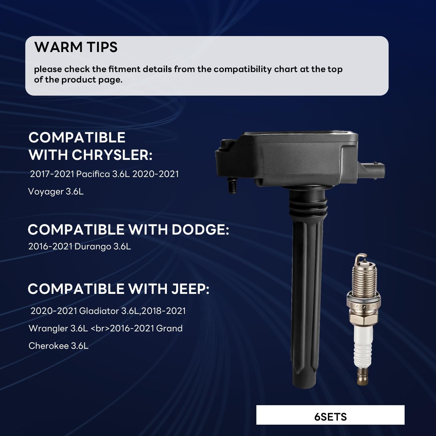 Ignition Coil Pack UF807 and Iridium Spark Plugs (Set of 6) Compatible with Chrysler Pacifica Dodge Durango Jeep Grand Cherokee Wrangler Ram 1500 3.6L V6 Replaces # 0221504038 C989 68223569AB