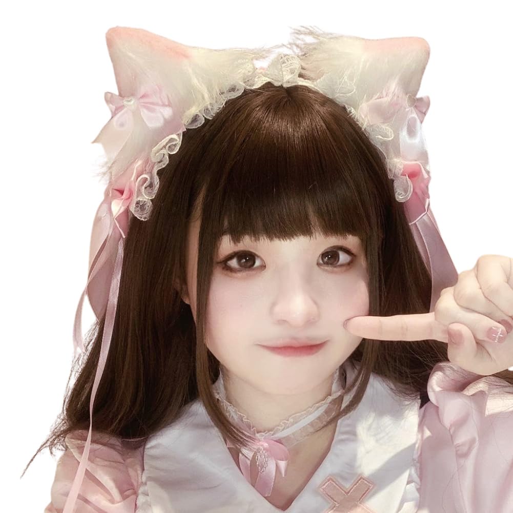 猫耳 ヘッドドレス ロリータ ゴスロリ カチューシャ リボン ヘアアクセサリー レース 髪飾り コスプレ アクセサリー (ピンク, Free Size)