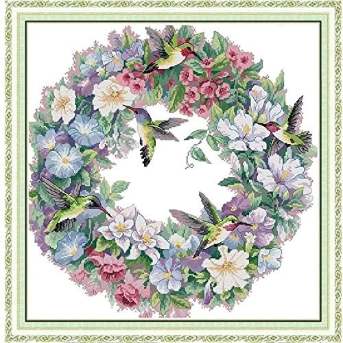 Maysurban Kit de Punto de Cruz con Estampado Stamped Cross Stitch Set Kit de Bordado Principiantes con Tela de Lona 11CT Preimpresa y Costura de Bordado de Hilo de Algodón Decor A-Guirnalda 45x45cm Cover