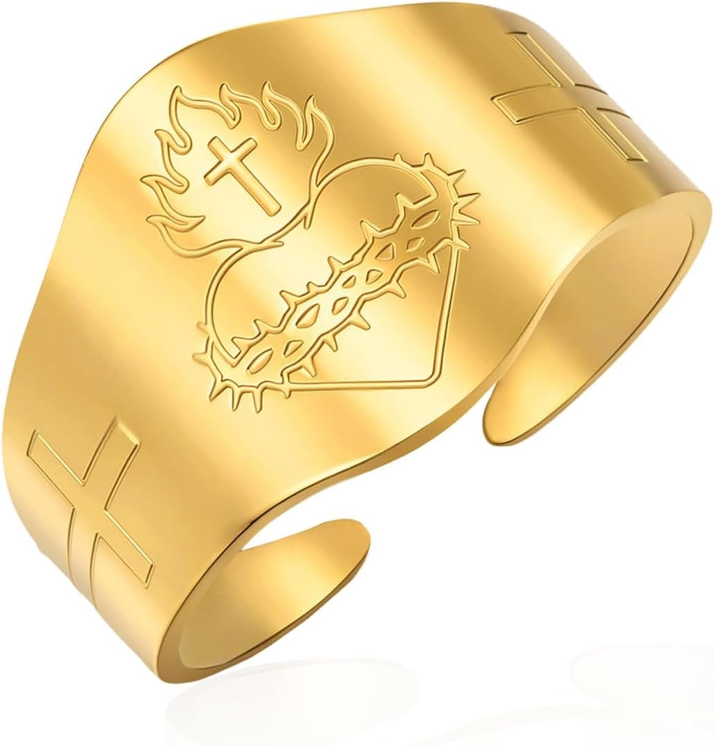 LGBBTI Open Adjustable Flame Heart Religious Cross Ring for Men Women Stainless Steel Christian Catholic Jesus Sacred Faith Punk Vintage Jewelry Gift Band, Gold