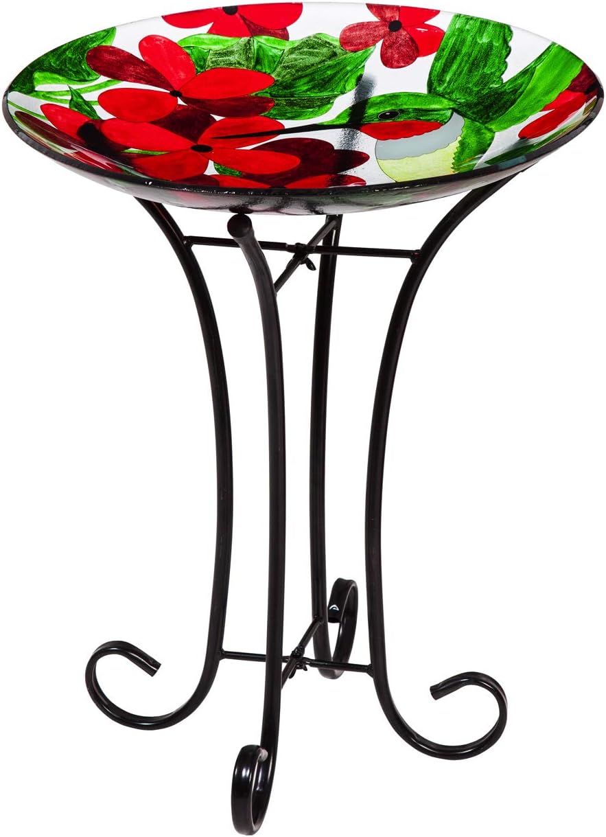 Evergreen Garden Beautiful Summer Hummingbirds Glass Bird Bath with Stand - 16 x 16 x 2 Inches Fade and Weather Resistant Outdoor Decoration for Homes, Yards and Gardens