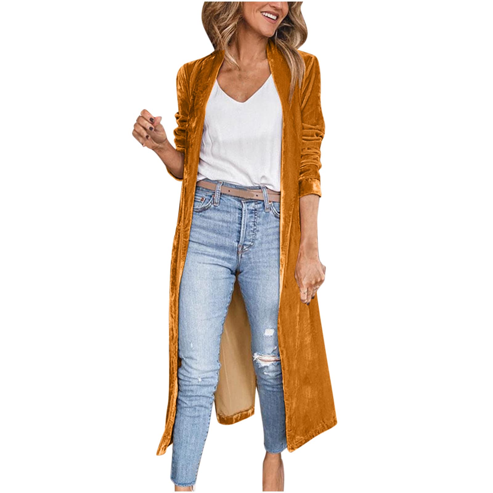 Triglicoleum Women's #01 Yellow Velvet Cardigan Elegant Plain Trench Coat Long Velvet Jacket Long Sleeve Lapel Jacket Autumn Winter Windbreaker Cardigan Transition Jacket Lightweight Wind Jacket Warm Coat With Pockets