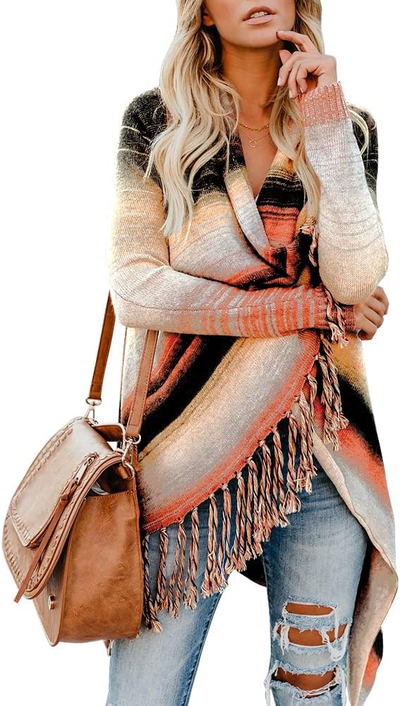 EXLURA Womens Open Front Knitted Tassel 