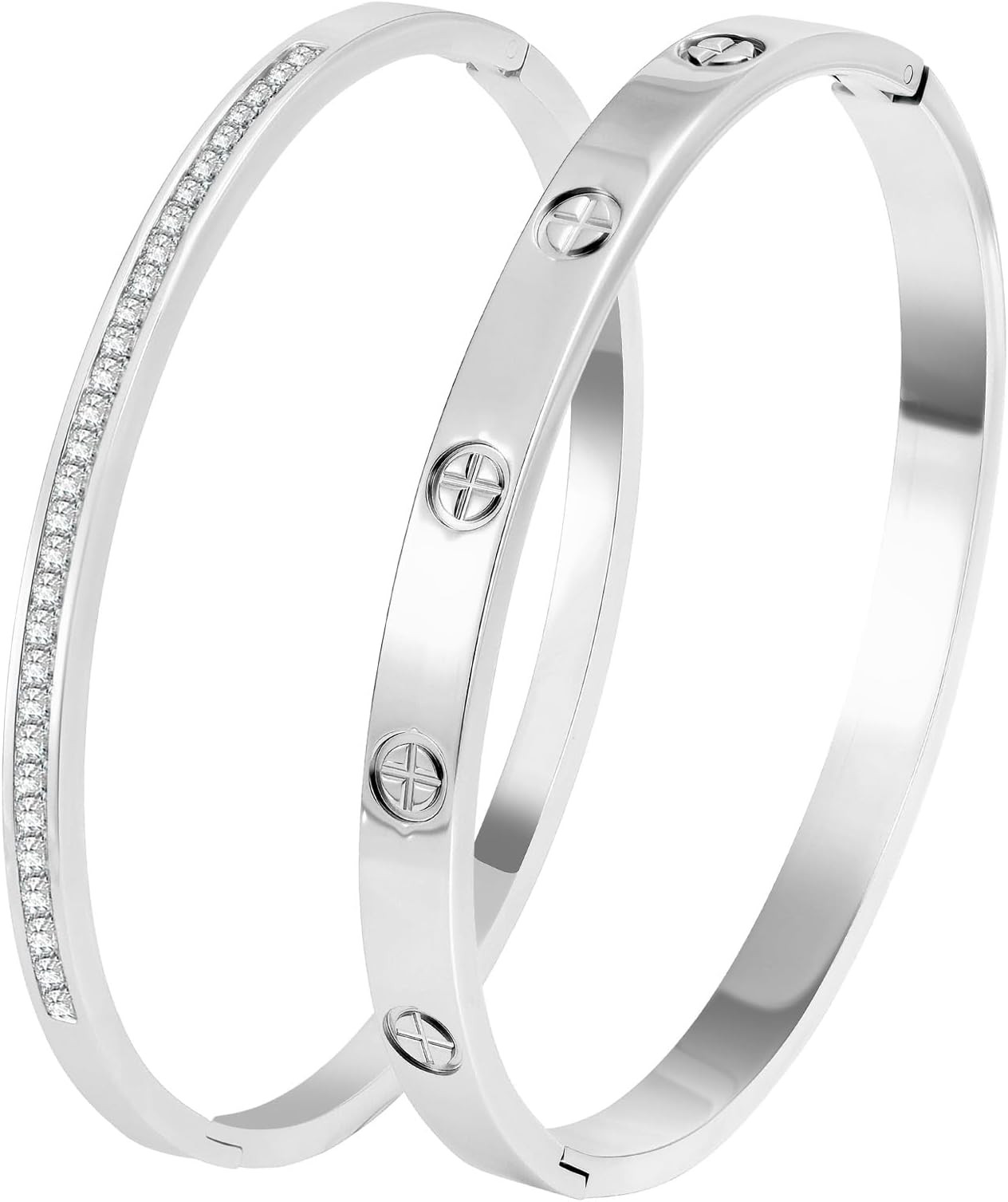 Silver Bracelet Stack for Women - 2Pcs 18K Gold Plated Love Bangle Crystal Friendship Bracelet Jewelry,Mothers Day Valentines Birthday Christmas Jewelry Gifts for Mom Her Wife Grandma.