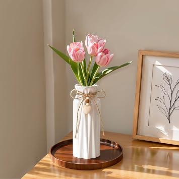 21CM Ceramic Vase with Geometric Pattern, Decorative White Vase with Jute Rope & Heart Charm for Flowers and Pampas Grass, Home Décor, Table Centerpieces,