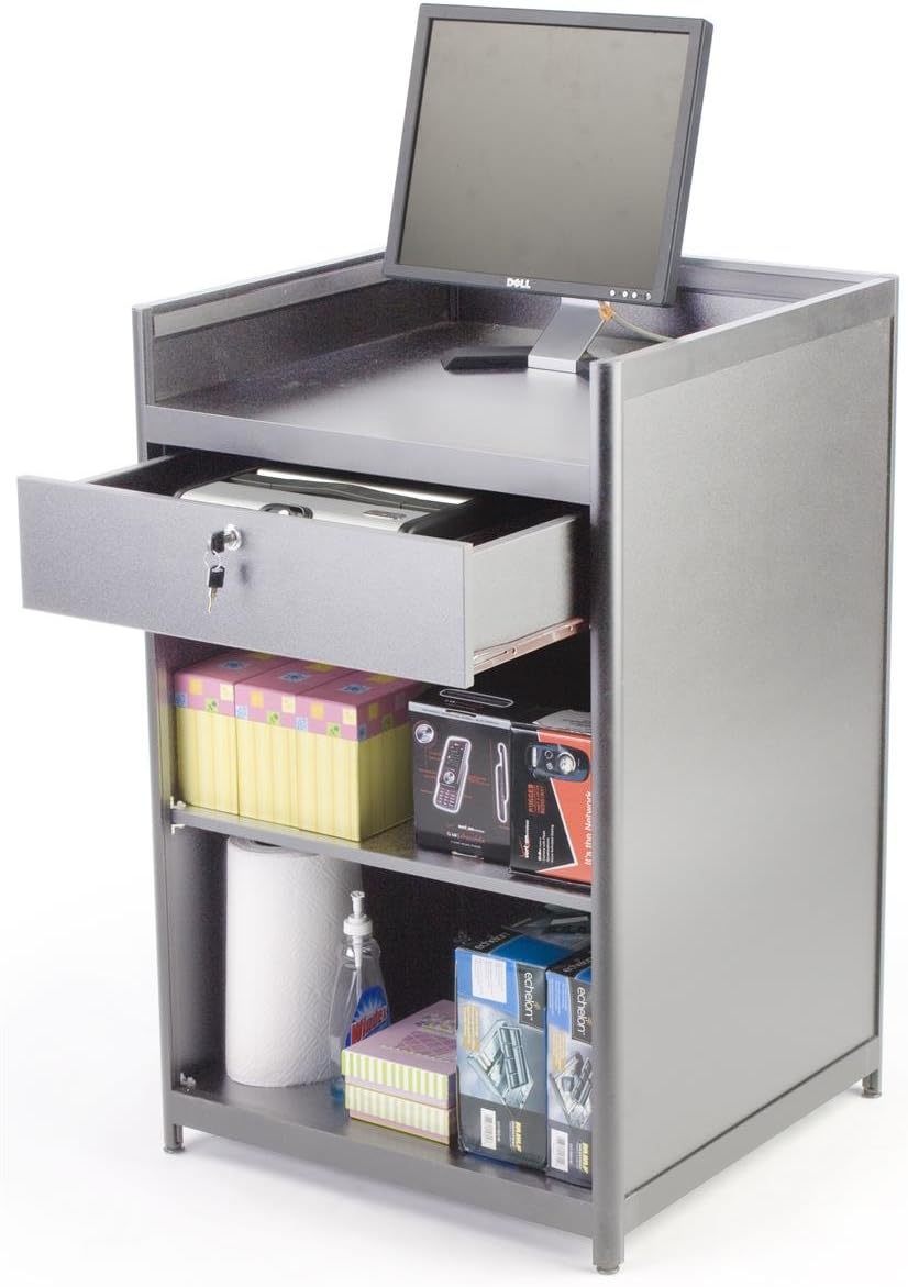 Displays2go Silver Laminate Cash Register Stand with Locking Drawer and Adjustable Storage Shelf, 24 x 38 x 23-3/4-Inch