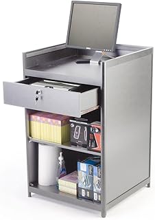 Silver Laminate Cash Register Stand with Locking Drawer and Adjustable Storage Shelf, 24 x 38 x 23-3/4-Inch