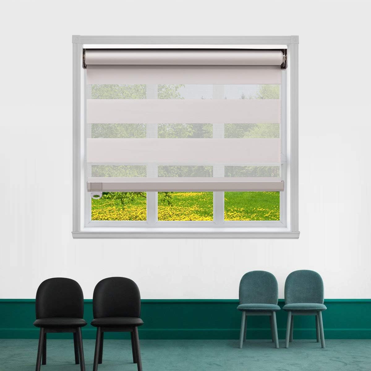 TJ Global Cordless Zebra Roller Window Shades, Dual Layer Sheer Blinds Window Treatment for Privacy and Light Control - White (24" x 72")