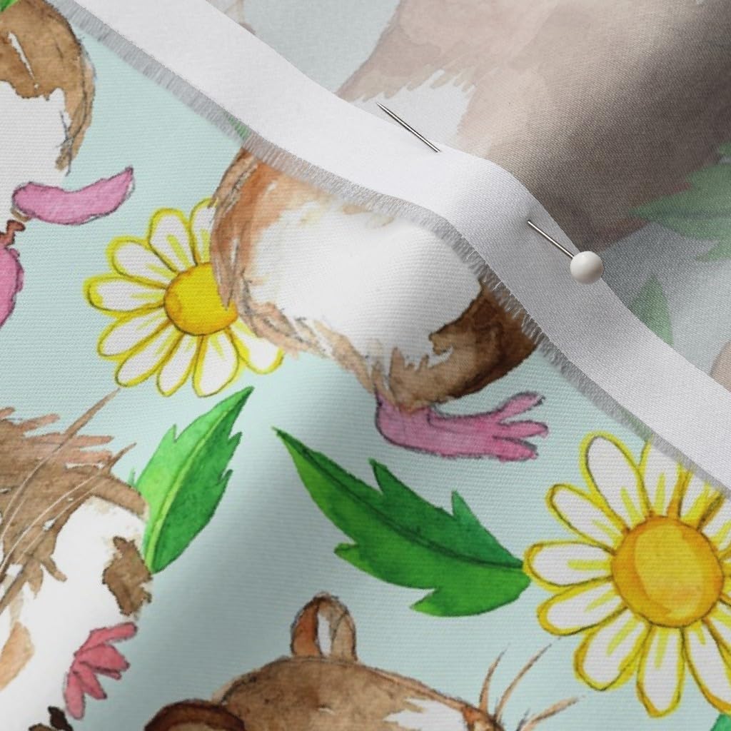 Spoonflower Fabric - Guinea Pigs Daisies Watercolor Pale Mint Pig Illustration Daisy Floral Printed on Organic Cotton Sateen Fabric by The Yard - Sewing Quilting Apparel Home Decor