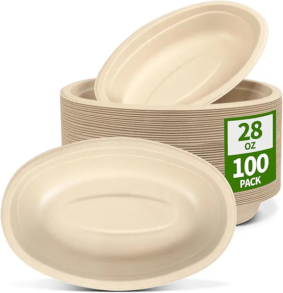 AICHEF 100 Pack 28 oz Oval Disposable Bowls, Microwavable Serving as Burrito Bowl, Nacho, Potato, Taco Salad Bowl, Nacho Bar Supplies for Party