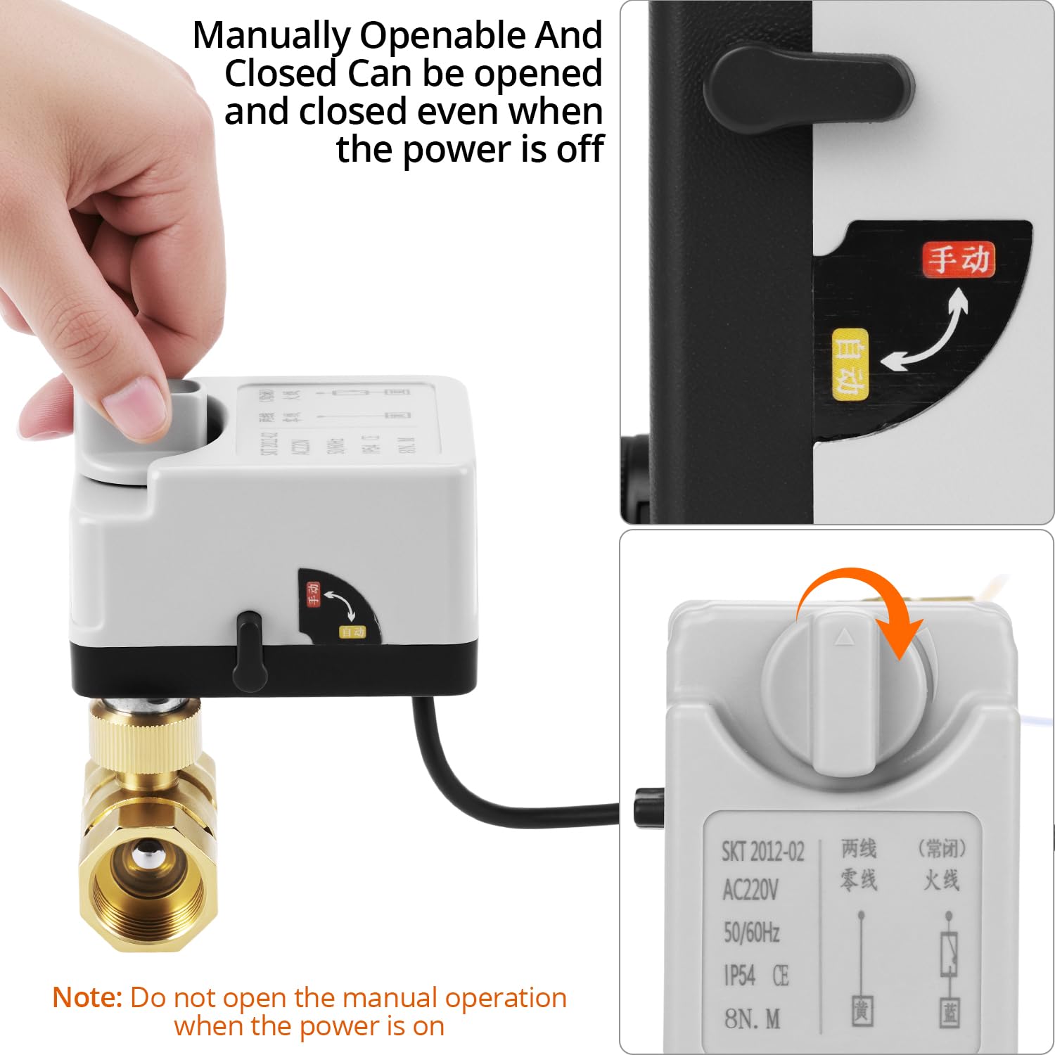 QWORK AC220V 3/4" DN20 Elektryczny zawór kulowy z napędem ręcznym, mosiężna konstrukcja