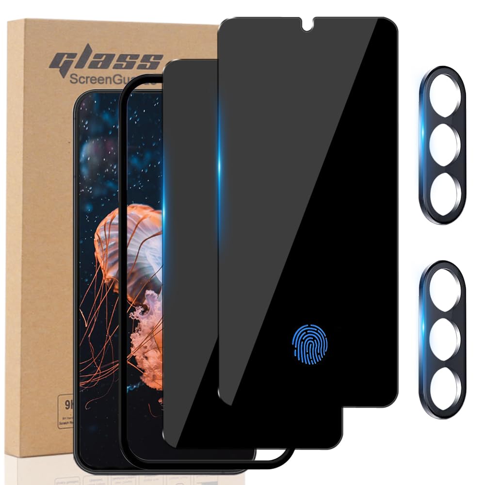 WNABZZER for Samsung Galaxy S24 Privacy Screen Protector, 2X Anti Spy Tempered Glass Film + 2X Camera Lens Protector, [Fingerprint Unlock] [28°