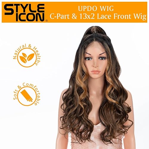 Miniatura 2 de Style Icon Peluca de encaje frontal con reflejos de 13 x 2, parte libre de 24 pulgadas, con encaje frontal en U, peluca larga ondulada con