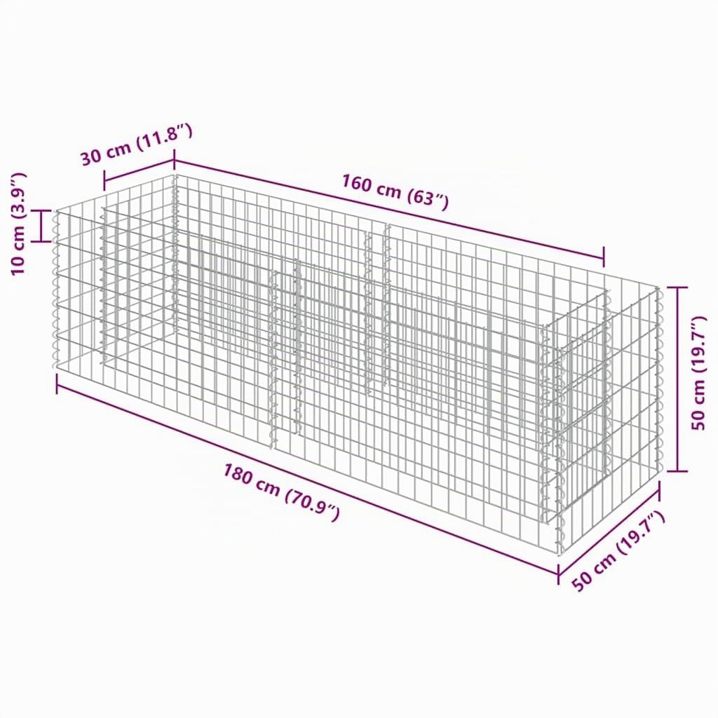 vidaXL Lit Surélevé à Gabion Acier Galvanisé Argenté 180x50x50 cm Jardinière