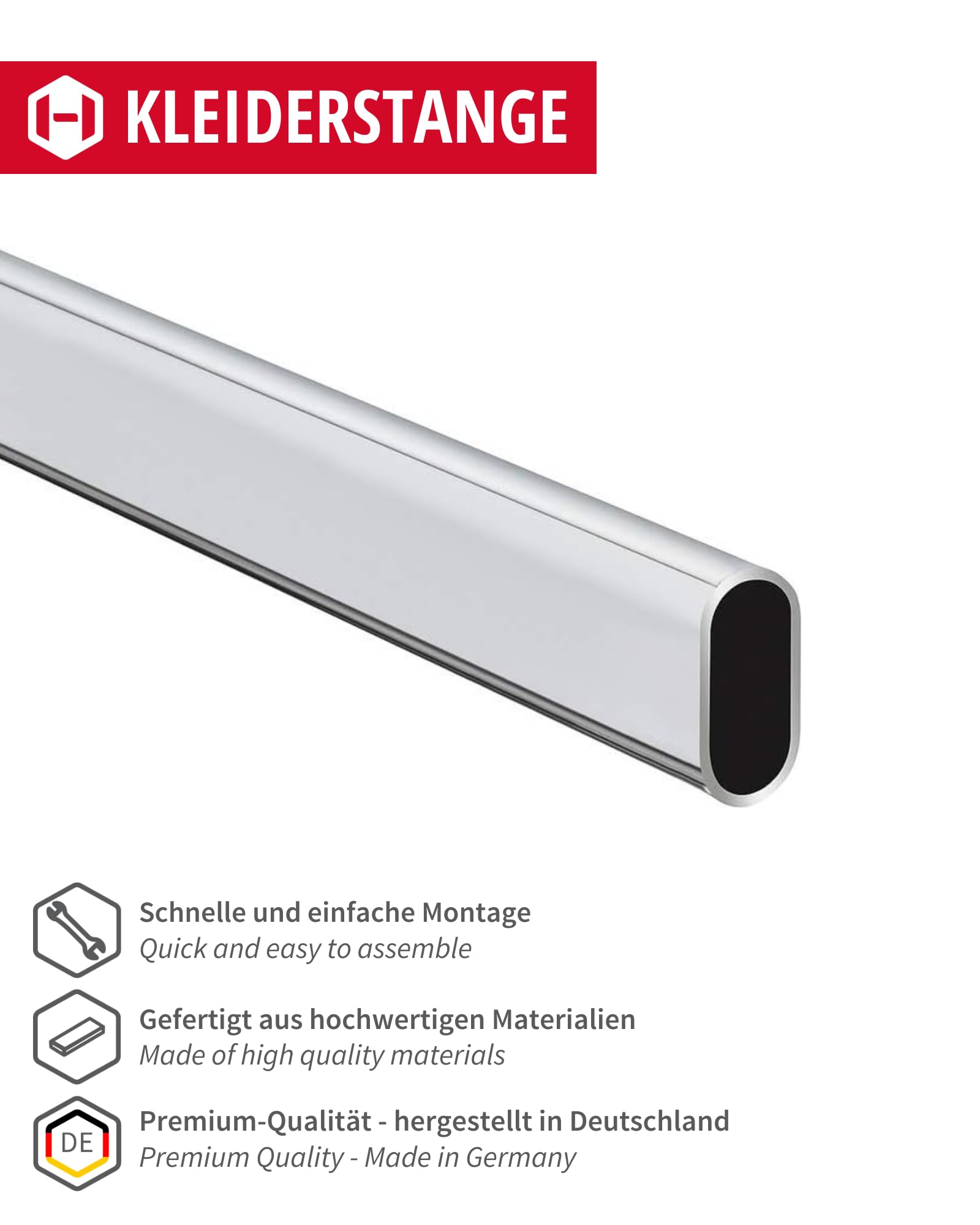 Gedotec Tubo per mobili | Asta appendiabiti in metallo OVALE 1200 mm con 2 cuscinetti per tubi per armadio per montaggio a soffitto | Acciaio Cromato | Tubo dell'armadio 30 x 15 mm | 1 Set
