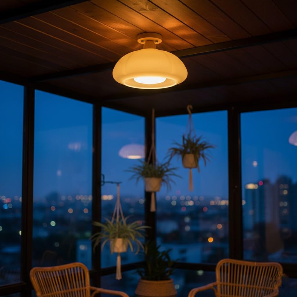 Lampy Sufitowa Szklana Styl Mid Century z Podstawą Drewnianą, Plafon Mała Forma Dynia Kopuła Oświetlenie Sufitowe do Przedpokój(White)