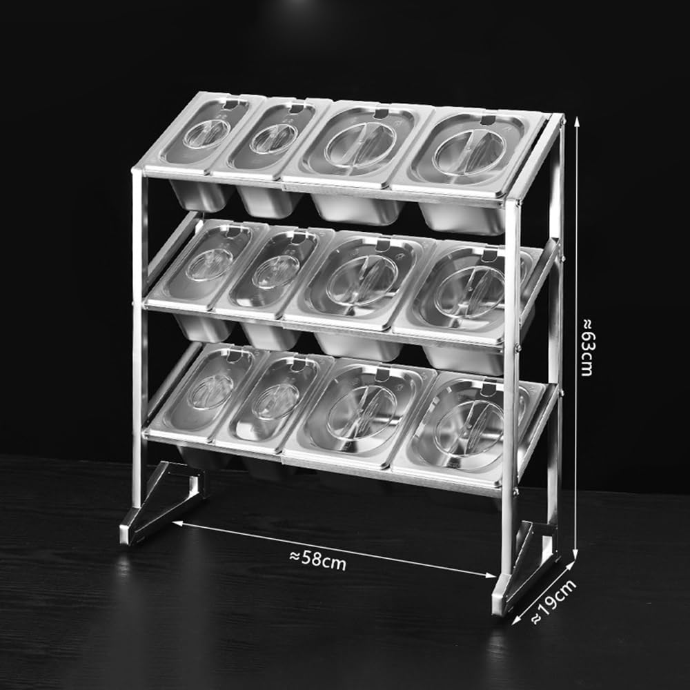 Especiero de acero inoxidable de 3 niveles con tapa, 15 compartimentos para almacenamiento de condimentos, organizador de encimera, plateado, 22.8 x 7.5 x 63 pulgadas, esencial para la cocina