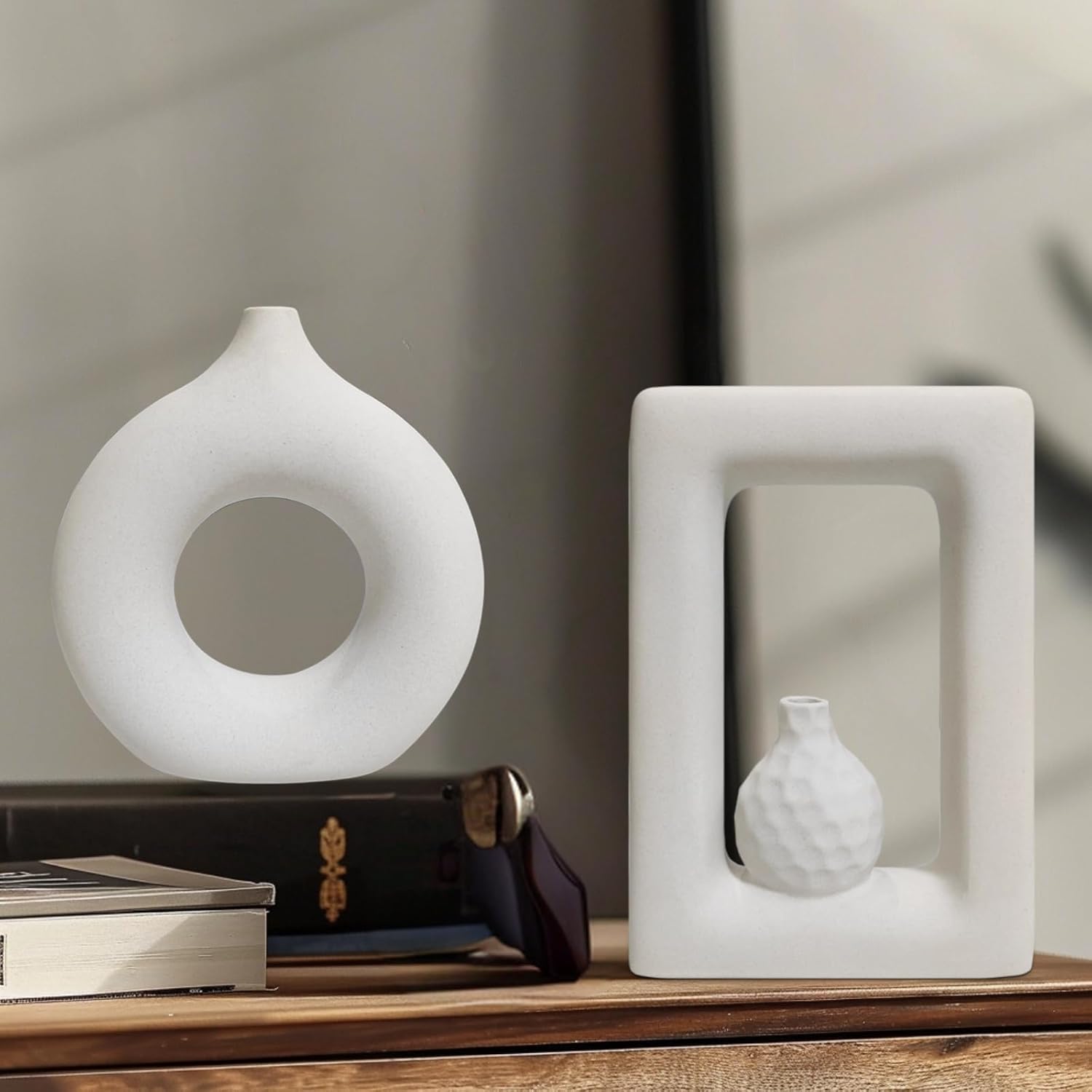 Generic Two-Piece Set of Matte Textured Ceramic vases, Unique Artistic Design, Bohemian Style, Suitable for Home Decoration. (Rectangle and Donut), Clay Yellow, TCHP-001
