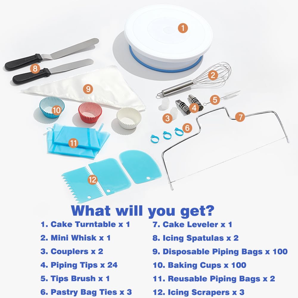 Kit per decorazione torte, Piatto Girevole per Torte, Kit Pasticceria Professionale, Accessori e Utensili Per Pasticceria, Set di sacchetti e beccucci per tubazioni
