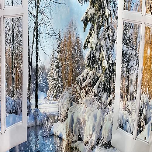 Jingjiji Winter Shower Curtain Snow Scene Snowflake World Forest Tree Pine Natural Scenery Wooden Window Bathroom Decoration Curtains Polyester Fabric With Hook (Blue, 70 X 70 Inch) #TOP3