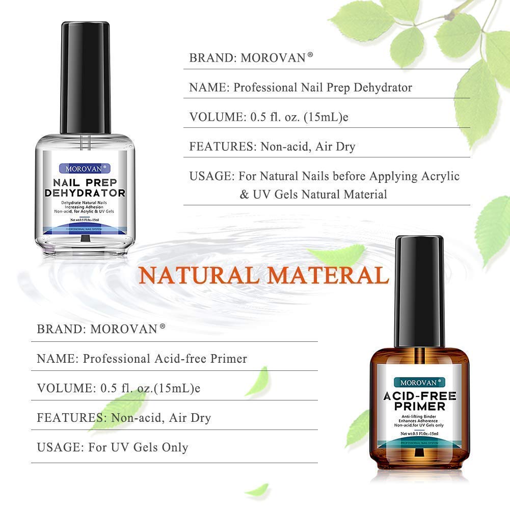 Morovan Professional Natural Nail Prep Dehydrator and Nail Acid-Free Primer Set, Acid Free Primer & Dehydrate Bond, Superior Protein Bonding, Fast Air Dry For Gel Polish & Acrylic Powder 0.5oz : Beauty & Personal Care