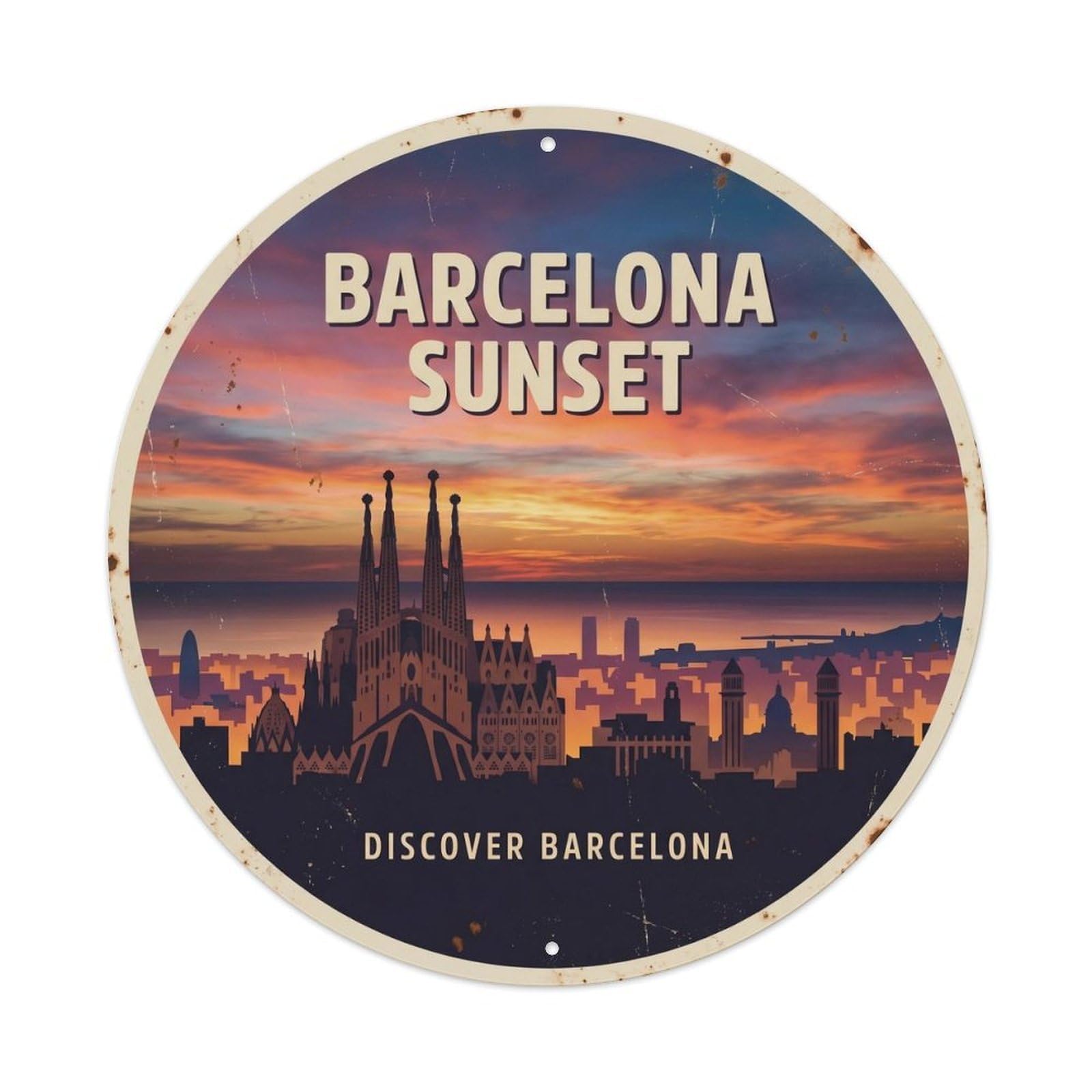 Vintage Barcelona Sunset Travel Spain Skyline Cityscape Metal Tin Sign Plaque Wall Decor for Cafe, Man Cave, Club Bar, Office, Home Garden Round Metal Poster 8x8Inch