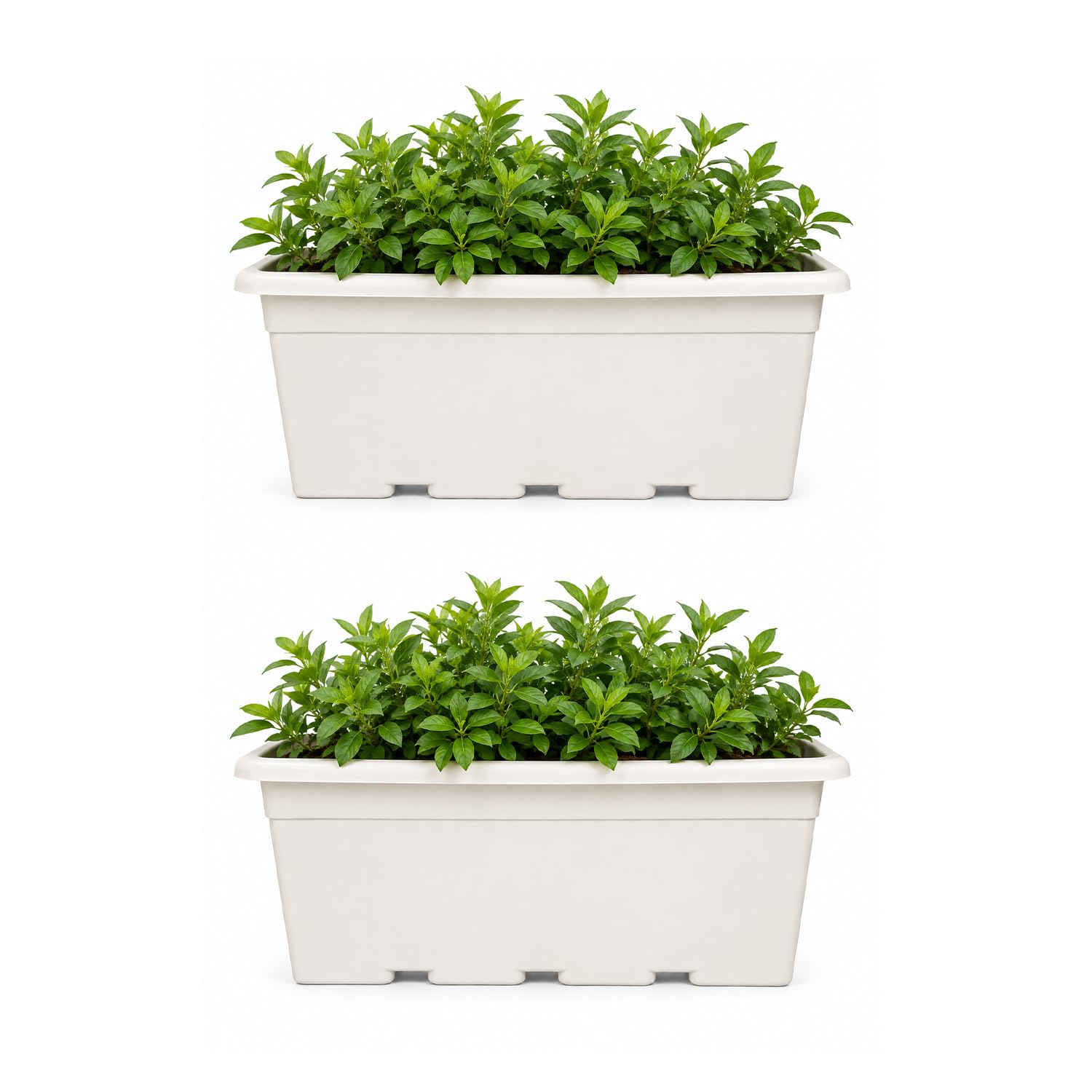 bonkaso 24 inch rectangular planter with drainage tray, set of 2 | uv resistant plastic flower pot for balcony railing, window sill & terrace garden | rectangular indoor & outdoor plant pot,white