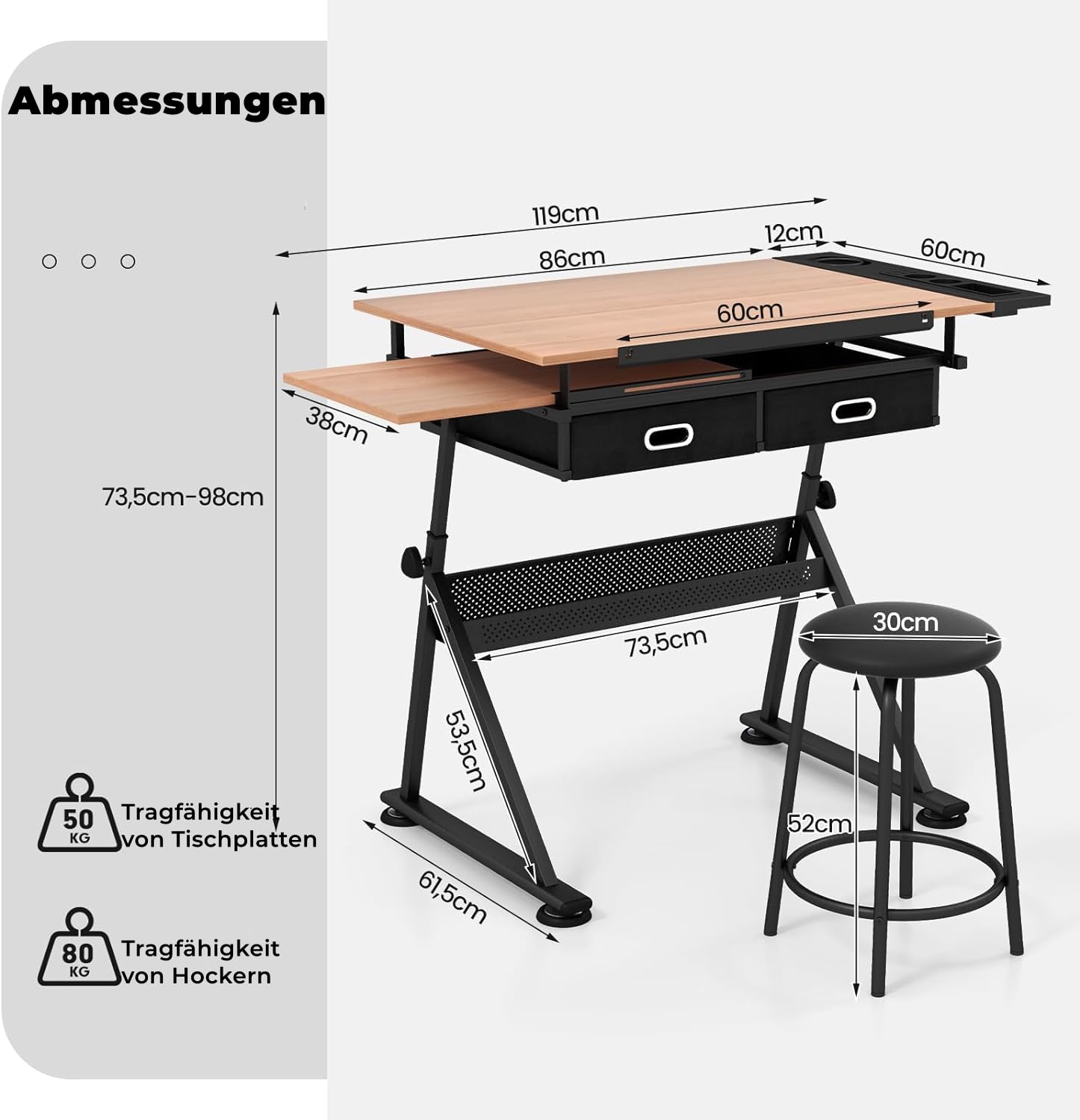 RELAX4LIFE Zeichentisch Höhenverstellbar Neigbar mit Schubladen & Hocker, 110 x 69,2 x 73,5-98 cm, Architektentisch mit Zwei Tischplatten, Professionaler Kunsttisch aus Holz