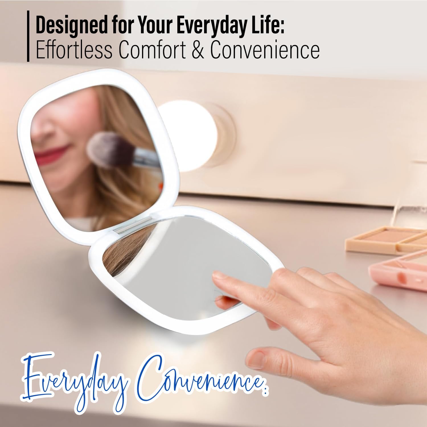 LED Compact Mirror – 1x & 10x Magnification | Travel Makeup Mirror with Adjustable Lighting | Handheld & Pocket-Sized Portable Mirror with Protective Pouch (Blue)