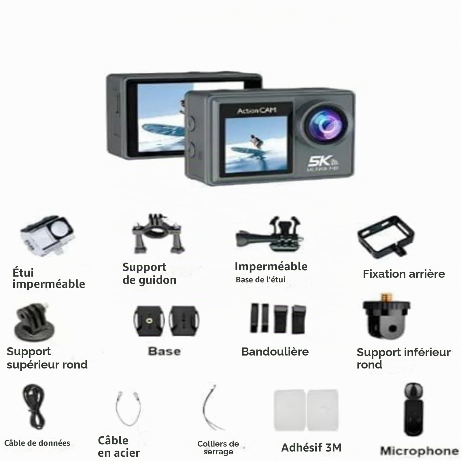 Kersens Caméra Sport + 64gb Memory Card, Caméra Étanche IP68 Vidéo 5K Grand Angle avec Double Écran (Grey,64G)