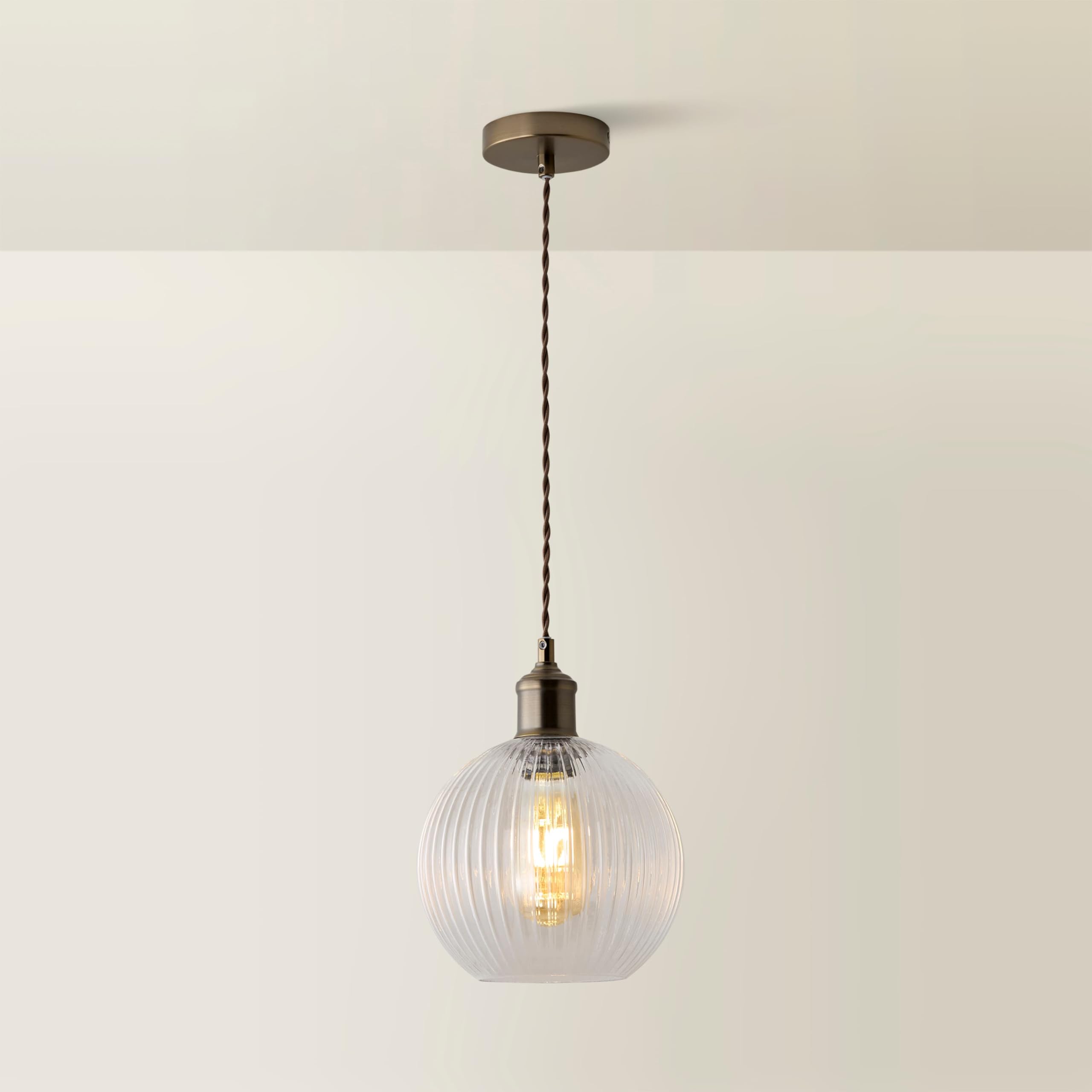 ValueLights | Maddison Clear Ribbed Glass Shade Brushed Brass Ceiling Pendant Light | Mains Wired