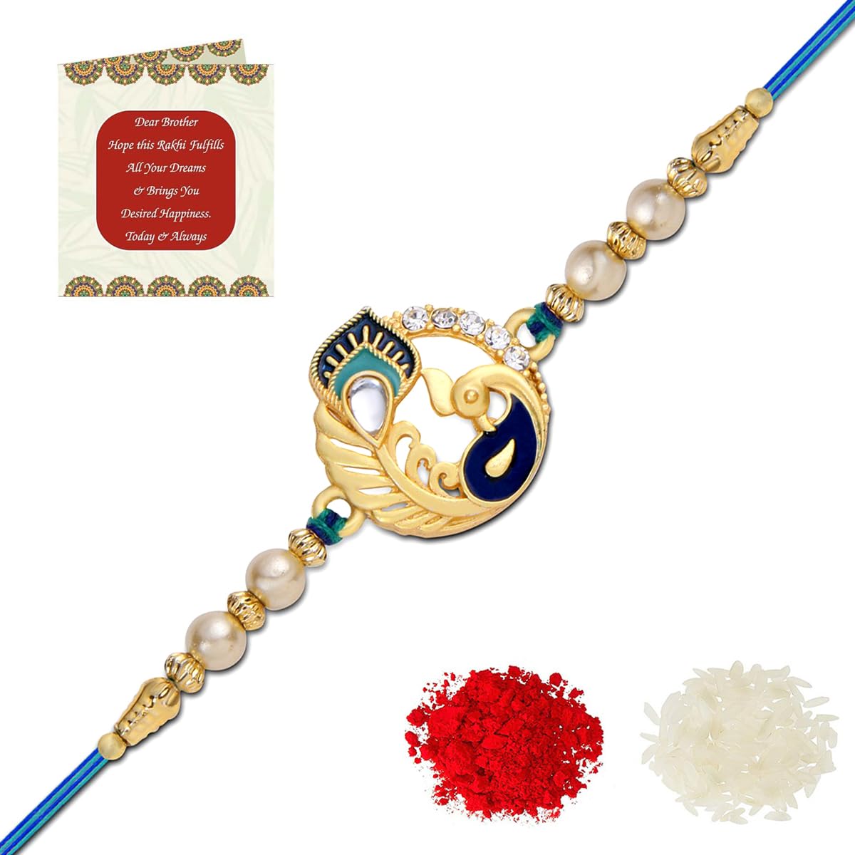 Riddhika Ventures Glorious Gold-Plated Auspicious Pearl Rakhi for Brother || Festive Gift Pack with Roli, Chawal & Greeting Card