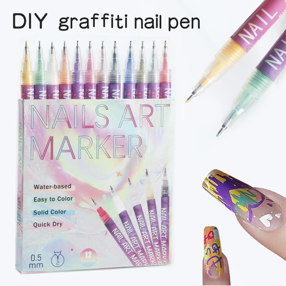 Stylos Nail Art-Pour unemanucure créative et sanseffort Kit Liner Ongle Enfant - Stylo Vernis à Ongles 3D Dotting Tool - 12 Couleurs - Crayon Blanc - Pointes Fines pour Nail Art Graffiti