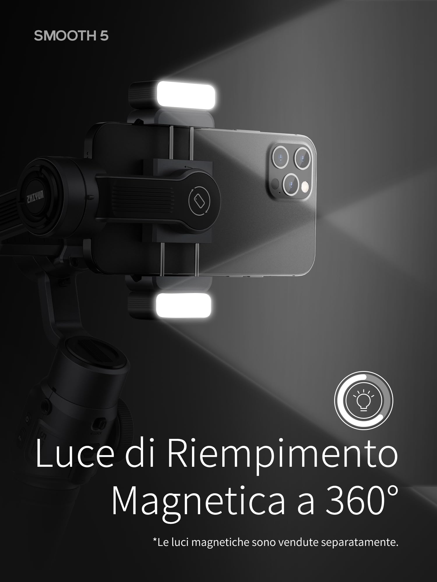 ZHIYUN Smooth 5 Combo [Ufficiale] Stabilizzatore Smartphone a 3 assi, Telefono Gimbal per iPhone e Android, con Treppiede, Borsa, 2 Luci 300lm e Zoom per Vlog, Youtube e TikTok