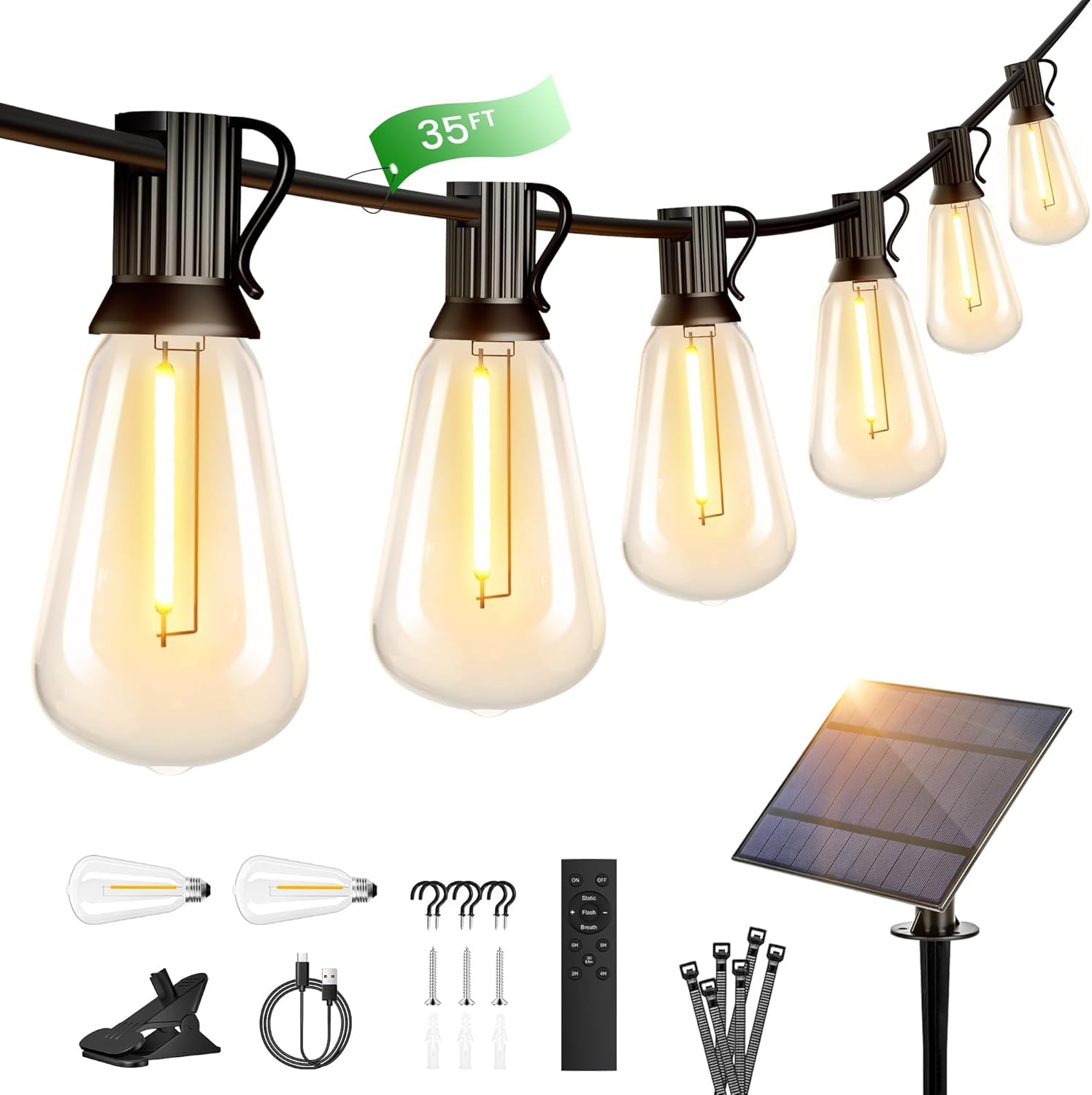 35FT/10m Solar String Lights Outdoor, Outside Festoon Lights with Remote, 17 Dimmable ST38 LED Bulbs, IP65 Waterproof, Shatterproof, 2200K, E12 Outside Hanging Light for Garden, Gazebo, Patio, Deck — image 1