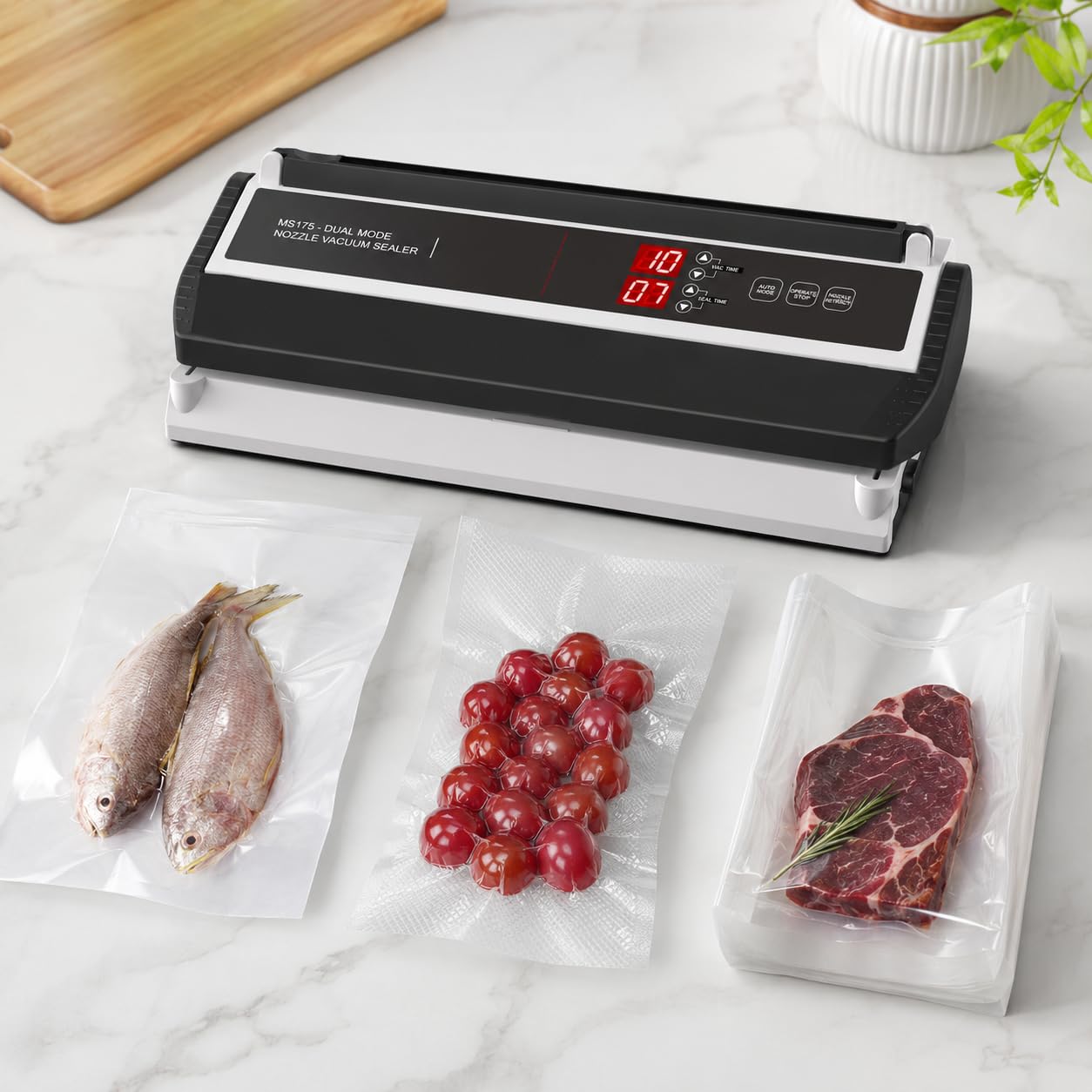 Komercyjny zgrzewarka próżniowa 250 W do pakowania żywności | Regulowany czas próżni i uszczelnienia, pręt uszczelniający 8 mm, zawiera 9 opakowań do suchej i wilgotnej żywności