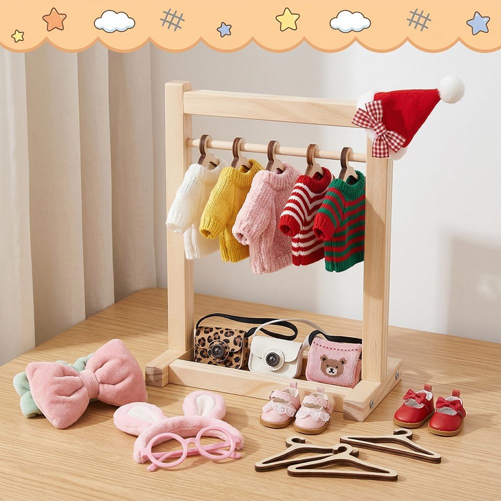 UNICRAFTALE 1Set Miniature Wood Clothes Rack Small PapayaWhip Closet Storage Racks with 12Pcs Wooden Clothes Hangers for Closet Accessories Pretending Prop Decorations