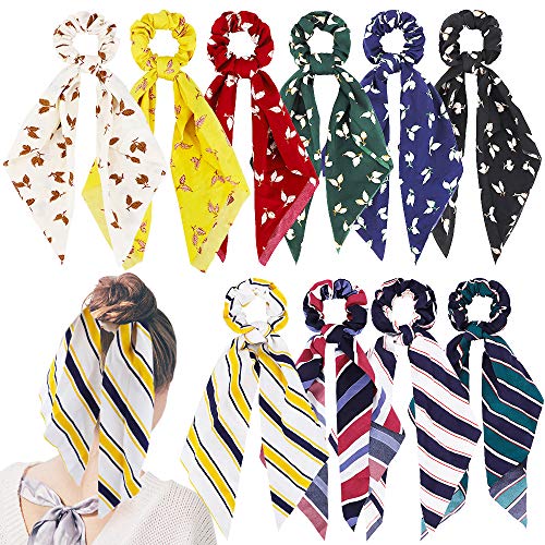 Habbi 10pcs Hair Scrunchies Satin Silk, Hair Scarf Ribbon Bow Elastic Hair Bands, Soft Scarf Hair Ties Ponytail Holder for Women Girls