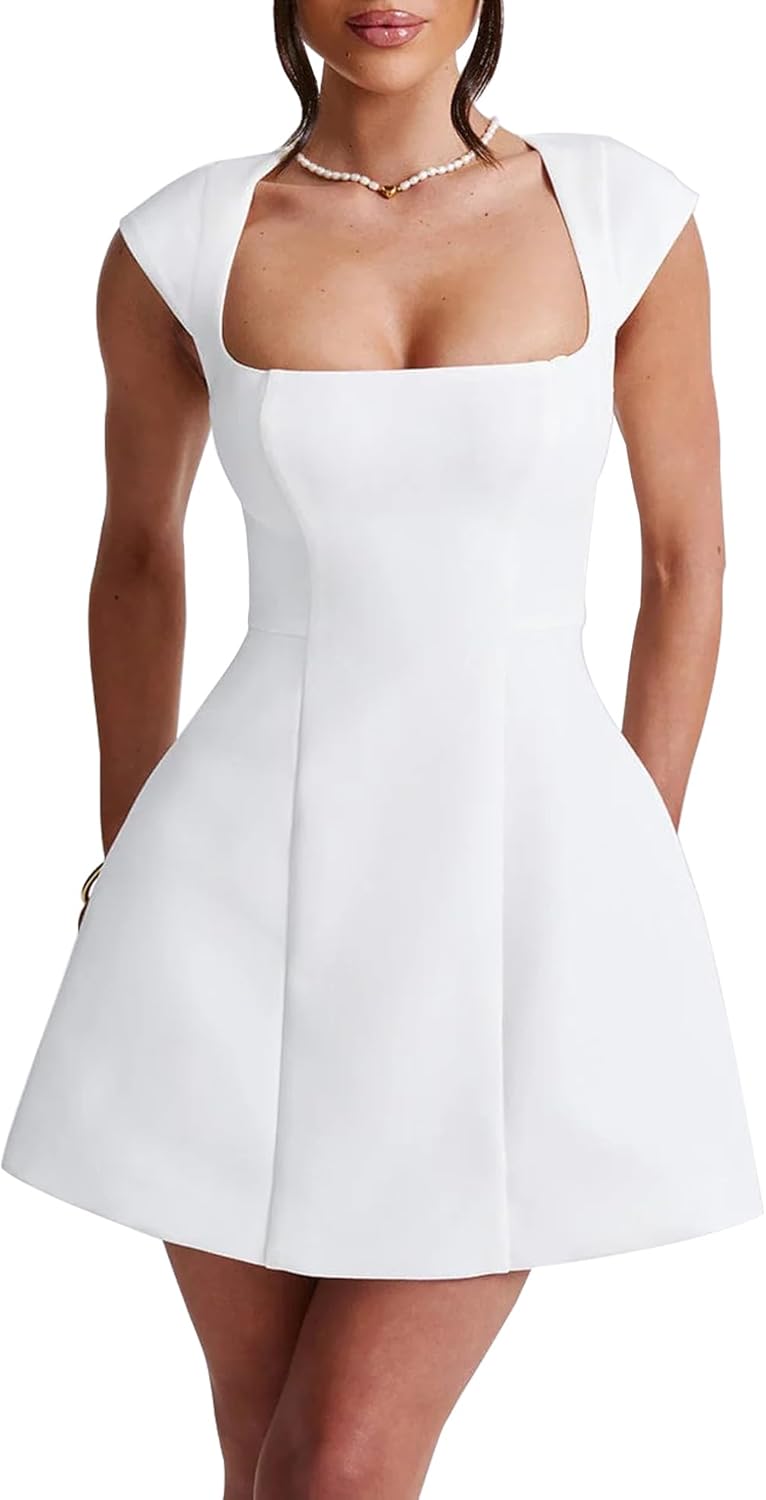 LuFeng Women's Square Neck Cap Sleeve Fully Lined Mini Dress Zipper A Line Party Club Dresses - Image 2