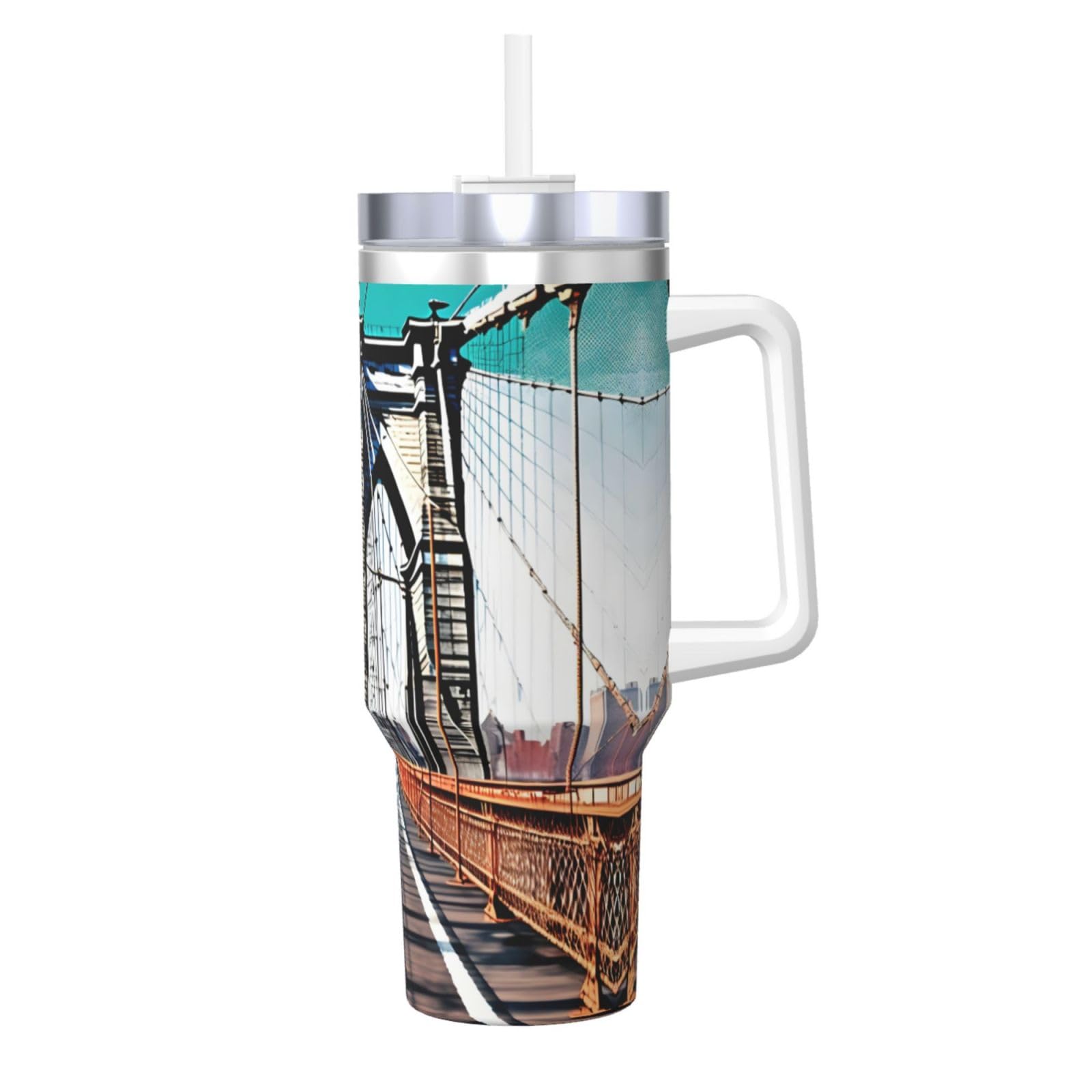 Brooklyn Bridge Wasserflasche aus Edelstahl, doppelwandig, isoliert, mit Griff und Strohhalm-Deckel, 1,2 l