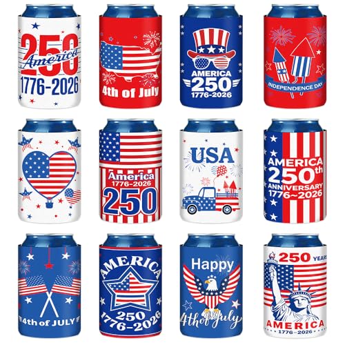 BAISDY 12Pcs 4th of July Can Cooler Sleeves Patriotic Beverage Cooling Covers for 4th of July Accessories Patriotic Party Favors Memorial Day