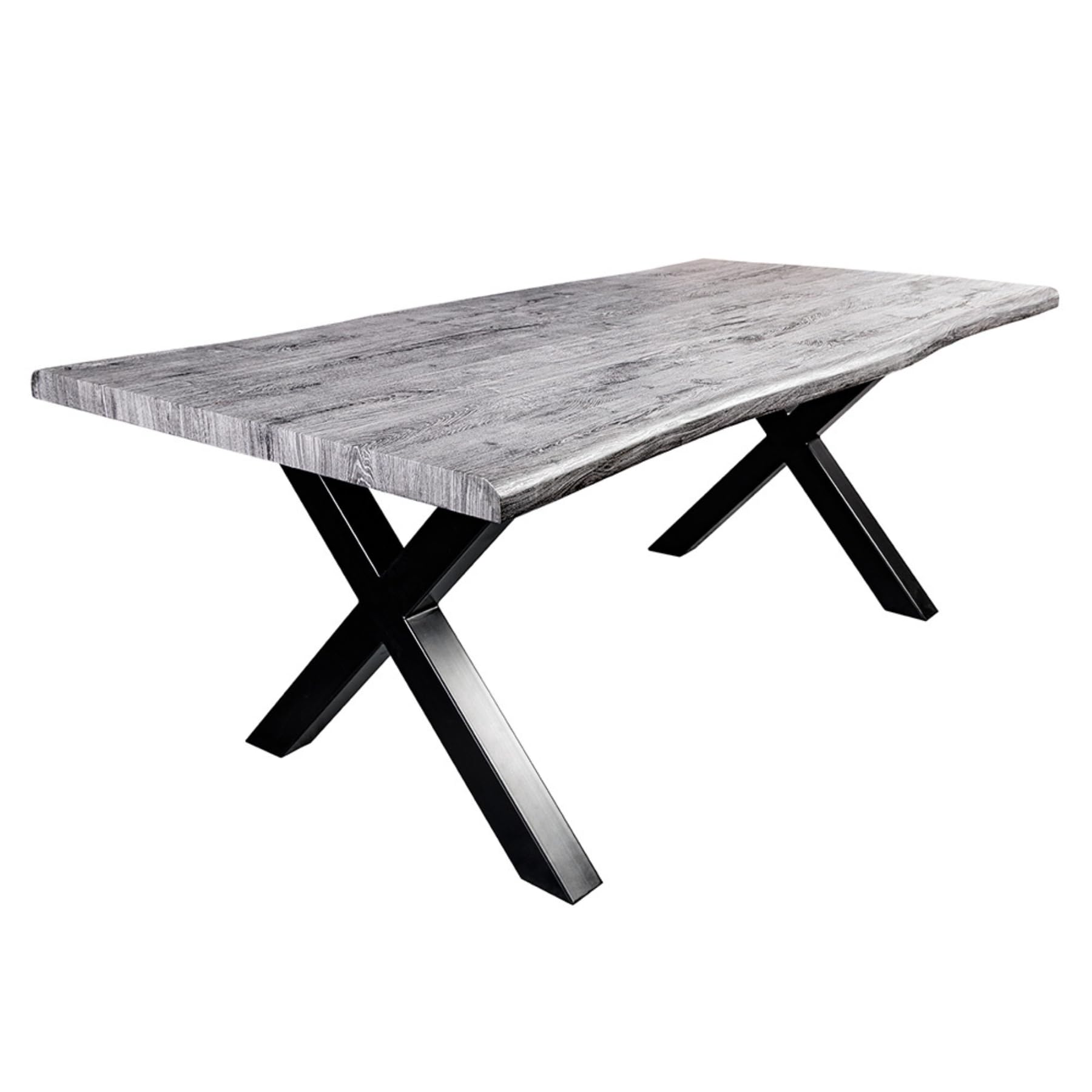 Riess Ambiente Industrial Esstisch WILD - 160cm - grau gekälkt schwarz - Wildeiche-Design - Baumkante X-Gestell Konferenztisch