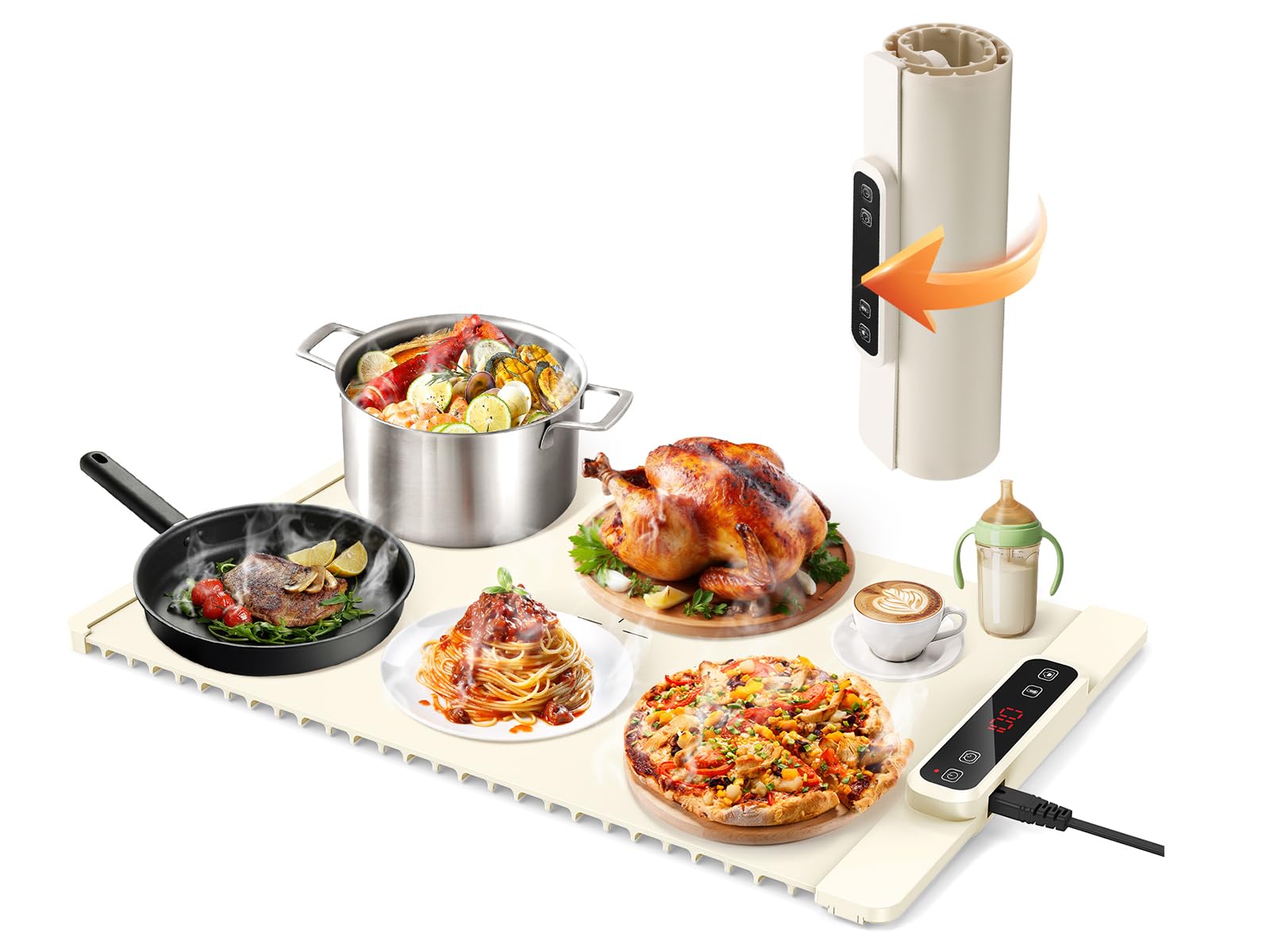 ZMJGLL Electric Buffet Warmers,Foldable Hot Plates with Timer and Multiple Heat Settings for Effortless Food Serving and Keeping Warm,Universal Utensil Compatibility (Beige)