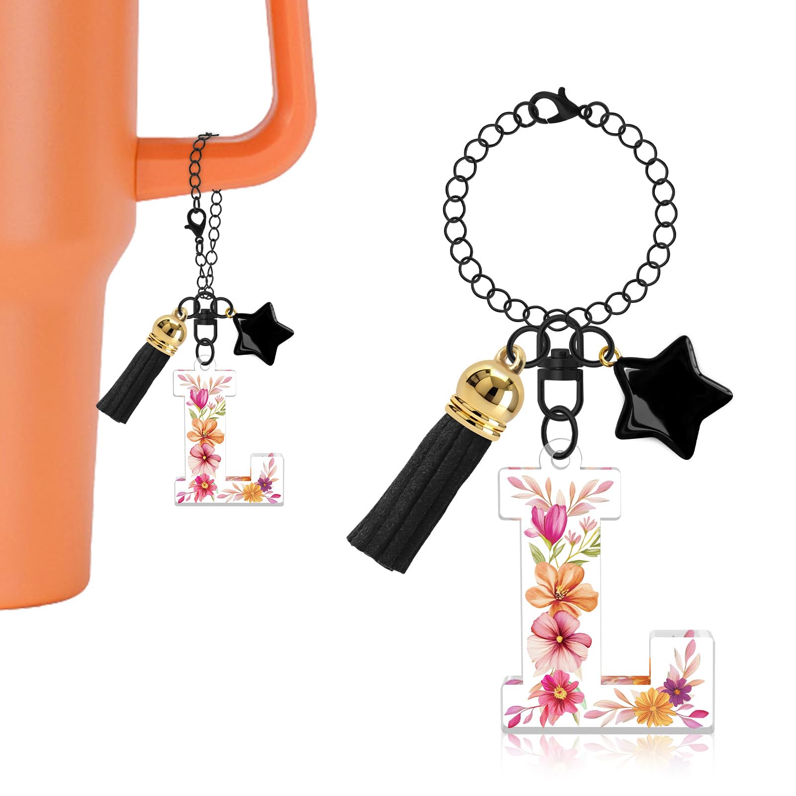 Oubaka Letter Charm Accessories for Stanley Cup, Black Initial Chain Water Bottle Name ID Charms with Tassel Star for Bag