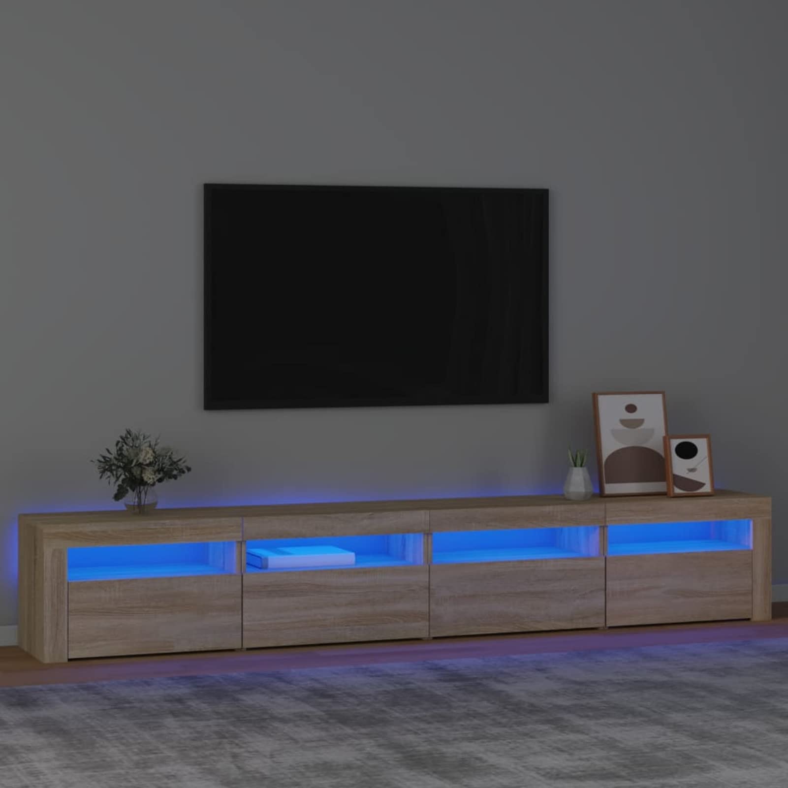 IKAYAA Mueble para TV de 240 cm Con Iluminación LED, Armario Bajo, Aparador Salón, Diseño Moderno y Elegante, Roble Sonoma, 240 x 35 x 40 cm
