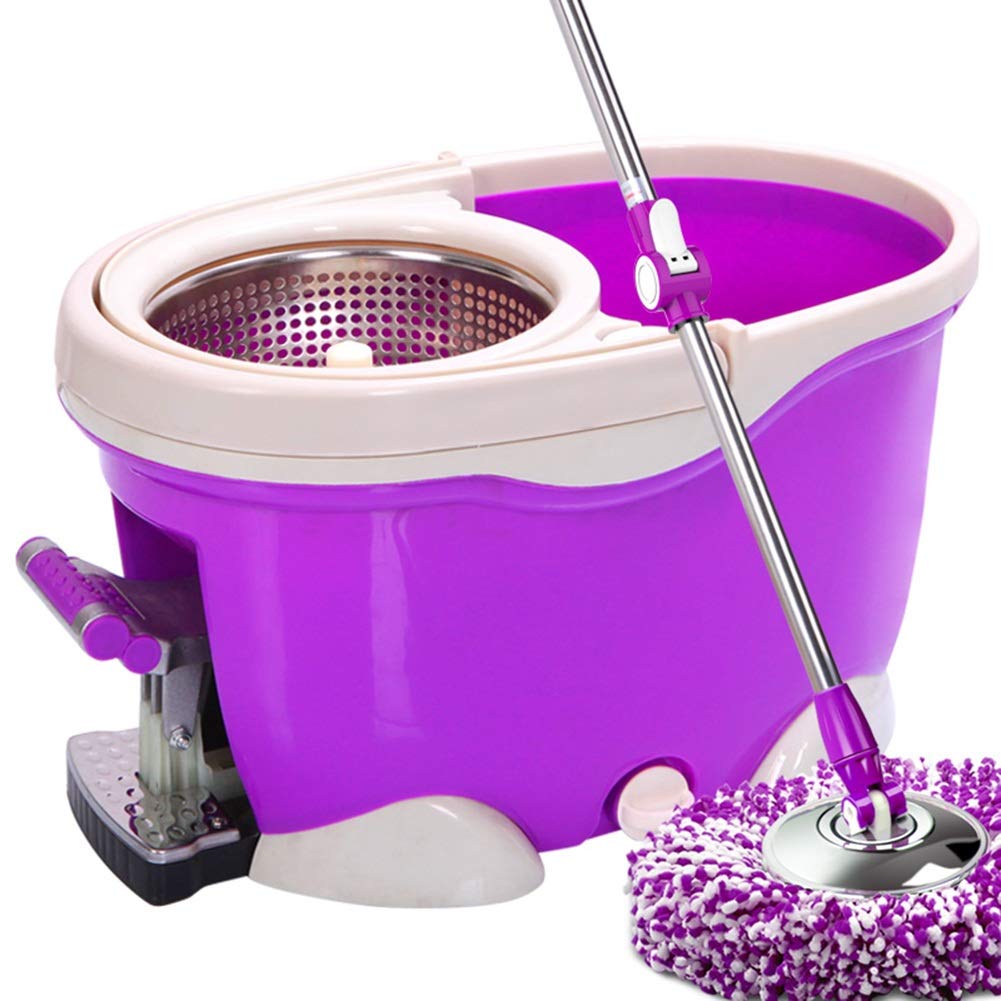 Axdwfd Wischmop Drehen Handdruck Fuß Treten Vier-Laufwerk Putzeimer, 2 Wischköpfe Kunststoff-Pedal (Farbe : Purple)