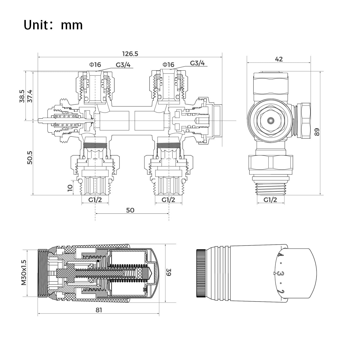 Válvulas multibloque para radiadores centrales, válvulas para radiadores con conexiones centrales en H, válvula universal para radiador de 50 mm con cabezal termostático (cromada)