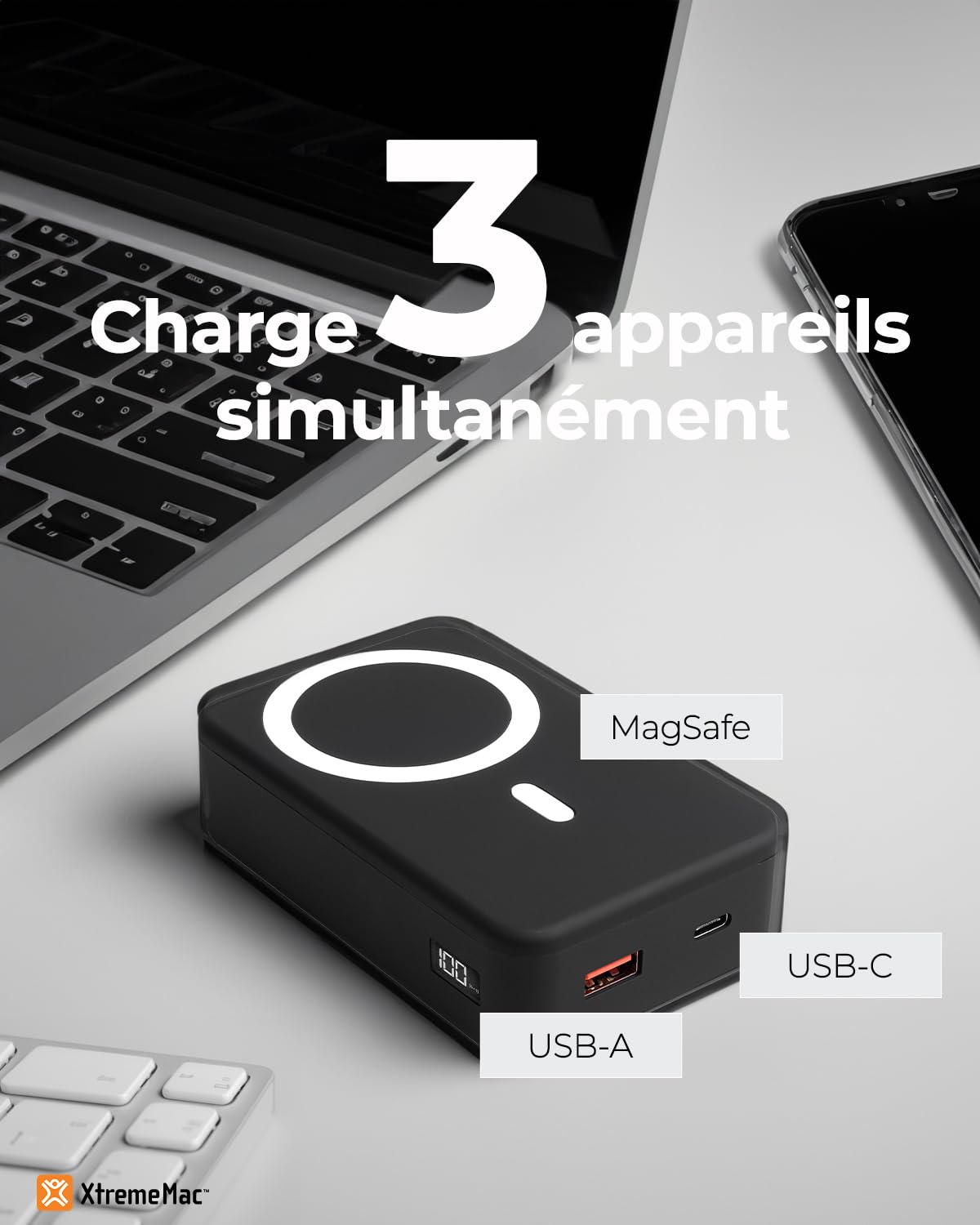 XtremeMac Magsafe Powerbank 20000mAh, Batería Externa magnética para iPhone 15/14/13/12 Serie, USB-C, USB-A y Powerbank inalámbrica con Carga rápida, Mini Power Bank PD 20W, Potente, Negro.